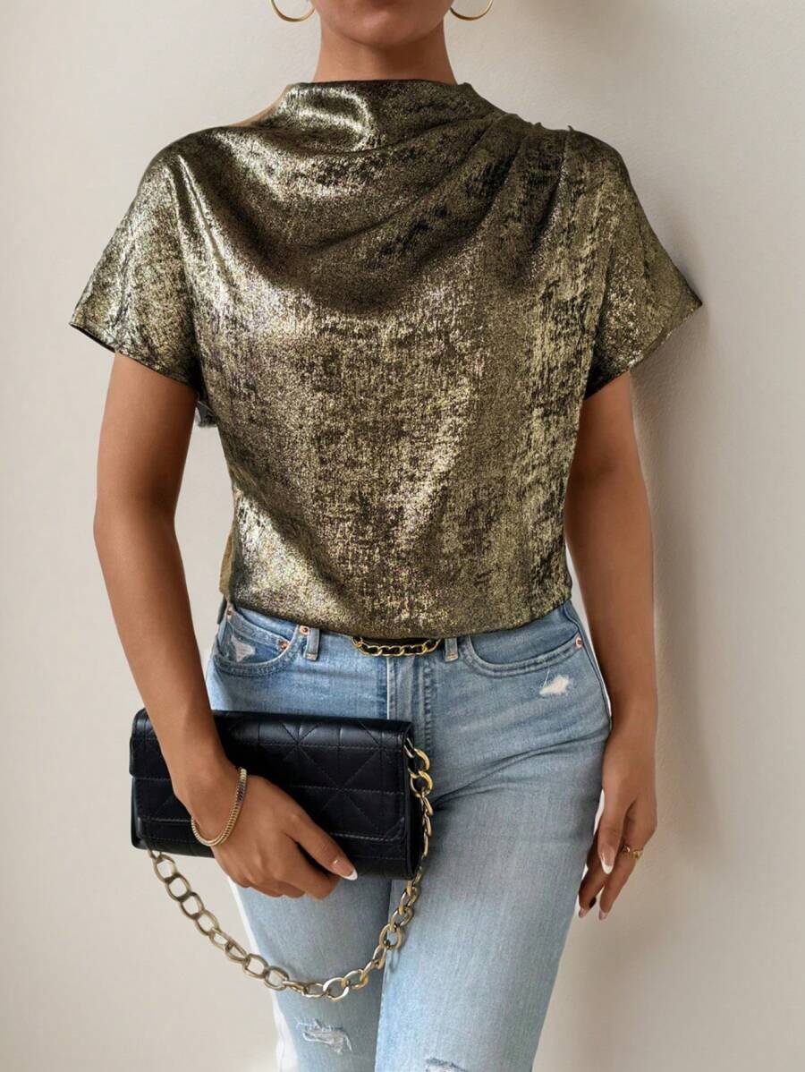 Chiquease Mịn màng tay cánh Đứng cổ áo Áo sơ mi - Màu Khaki - Xem 1