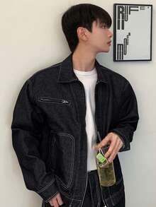 DAZY Chaqueta De Mezclilla Para Hombre Con Detalle De Costuras Exteriores - Negro - Ver 4