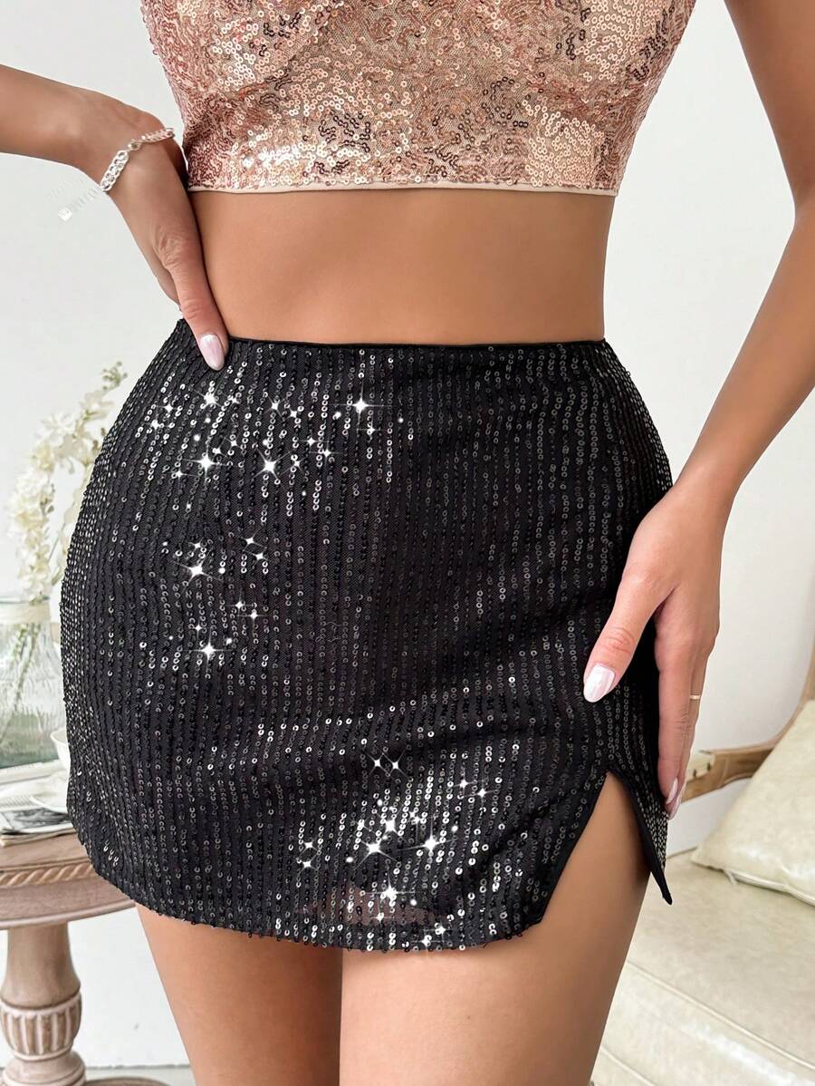 SHEIN Allurite Falda Mini Con Brillo Y Abertura Alta - Negro - Ver 1