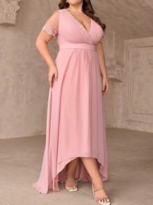 SHEIN Belle Vestido de dama de honor versátil para eventos de boda, elegante vestido con cuello en V rosa, cintura plisada, encaje romántico, mangas cortas, cintura alta estilizada, falda corta en frente y larga asimétrica - Rosa - Ver 5