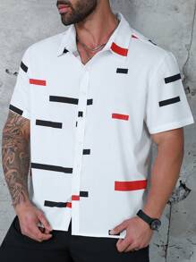 Manfinity Homme Men's Plus Size Red & Black Stripe Design T-Shirt Set - White - View 1