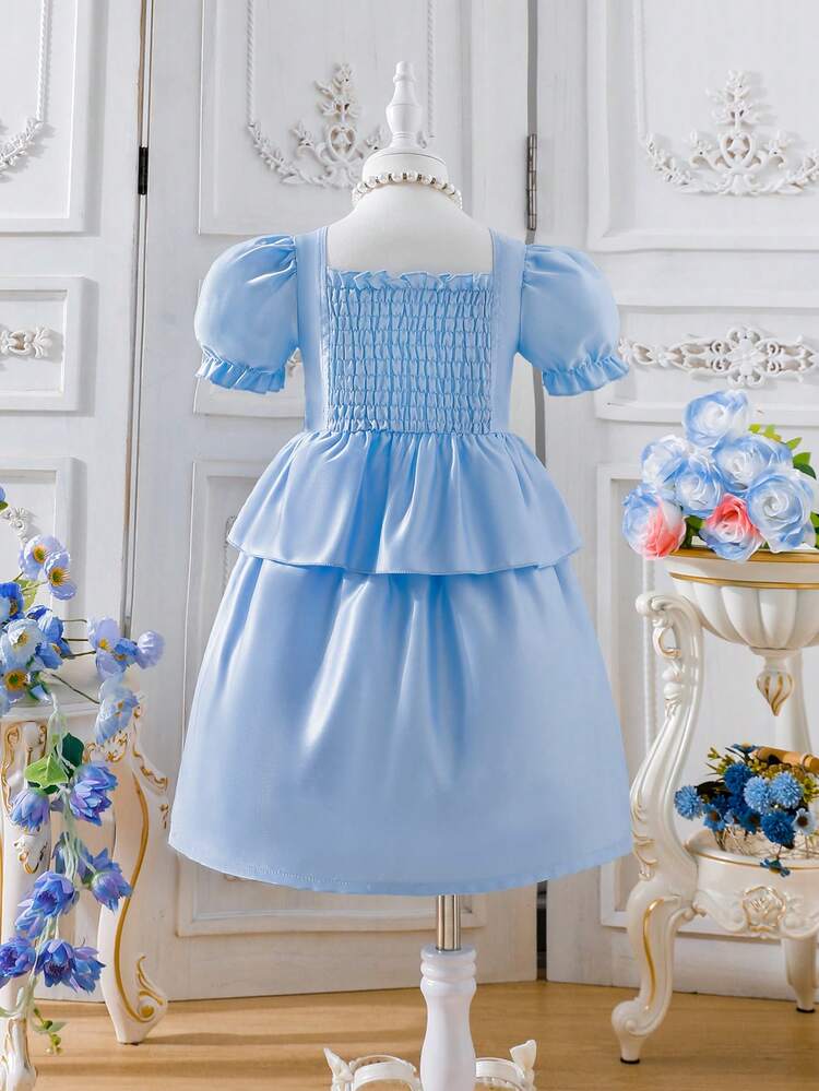 Young Girls' Top With Ruffle Hem, Puff Sleeves And Skirt Set With Patchwork Jacquard Ribbon Design
