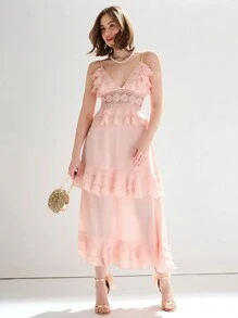 Enchnt Vestido Largo De Tejido Pastel Rosa Con Inserto De Encaje, Volantes Y Adornos - Rosa Pálido - Ver 7