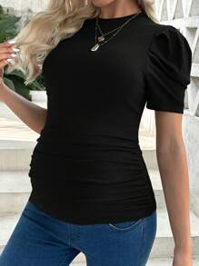 SHEIN Maternity Elegant Bubble Sleeve Round Neck Slim Solid Color T-Shirt For Work - Black - View 4