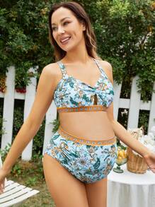 Conjunto de bikini de maternidad con estampado floral, detalles de recortes y lazo delantero, ideal para el verano - Multicolor - Ver 4