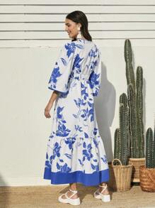 Seusyu 女士花卉印花色塊燈籠袖連衣裙 - 藍白色 - 查看 6