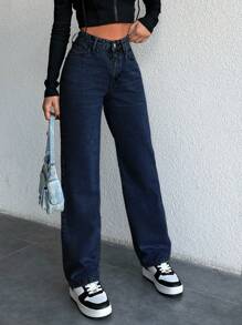EURMUSE High Waist Relaxed Fit Straight Leg Jeans Y2k - Dark Wash - View 5