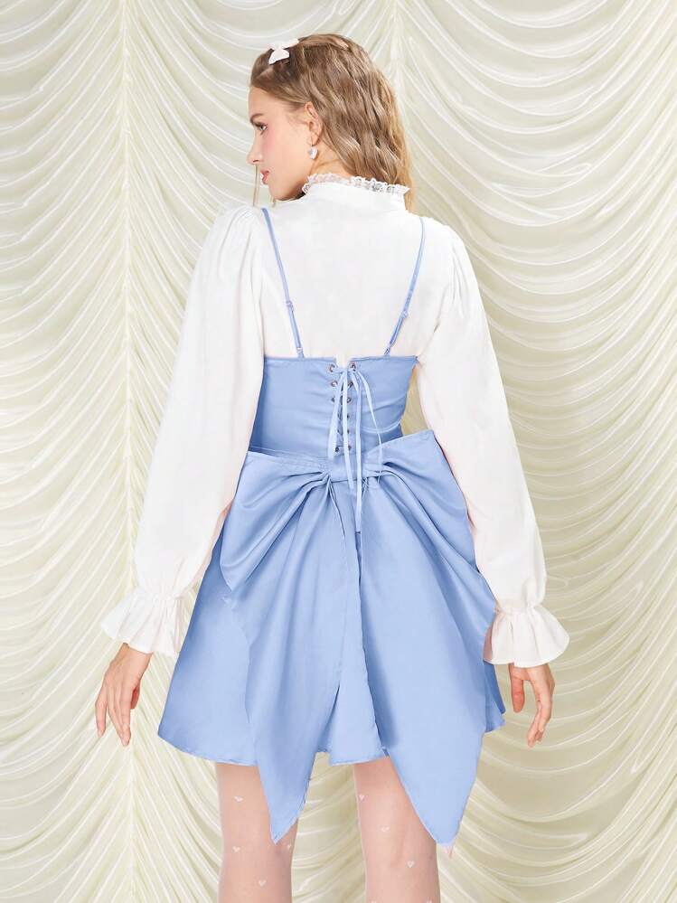 SHEIN MOD Solid Color Back Bowknot Decorated Spaghetti Strap Dress,Pastel Dresses For Women - Blue - View 3