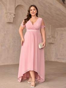 SHEIN Belle Vestido de dama de honor versátil para eventos de boda, elegante vestido con cuello en V rosa, cintura plisada, encaje romántico, mangas cortas, cintura alta estilizada, falda corta en frente y larga asimétrica - Rosa - Ver 7