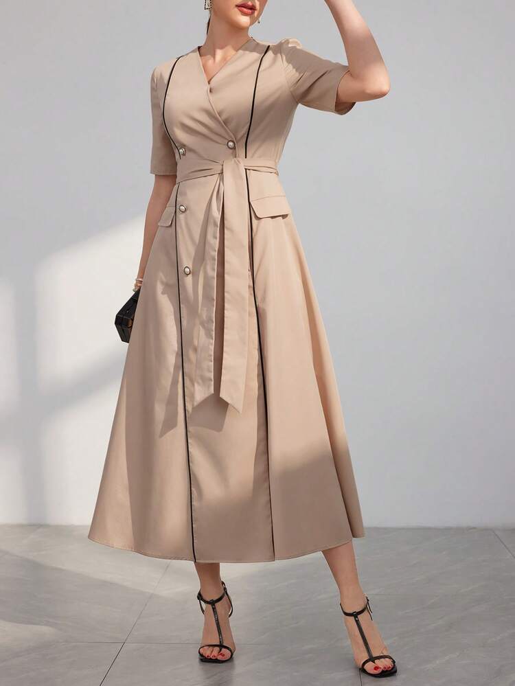 Women's Color Block Dress With Ruffled Edge And Double Breasted Waist Belt