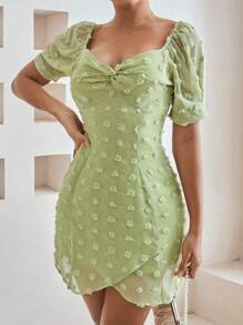 GENKIRA Textured Short Sleeve Wrap Dress With Knot Detailing At Waist - Green - View 3