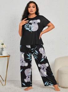 Plus Size Koala And Plant Print Pajama Top
