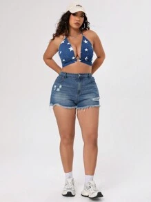 SHEIN ICON Plus Size Denim Halter Top With Star Print - Blue - View 8