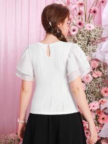 SHEIN Teen Girl Solid Color Jacquard Mesh Panel Ruffle Sleeve Casual T-Shirt - White - View 3