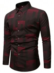 Manfinity Homme Camisa de trabajo gráfica con botones, de manga larga y estampado completo para hombre con ajuste delgado, ideal para su esposo - Multicolor - Ver 4