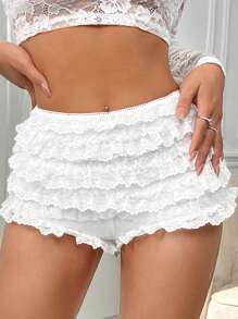 SHEIN ICON Ladies' Multi-Layer Frill Hem Low-Rise Y2K Concert Going Out White Ruffle Shorts