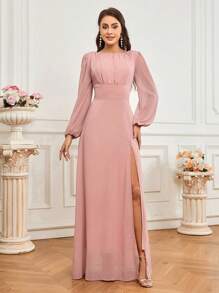 SHEIN Belle Vestido De Dama De Honor Para Adultos Con Mangas Abullonadas, Diseño De Abertura Y Pliegues En La Parte Superior Del Cuerpo - Rosa vieja - Ver 7