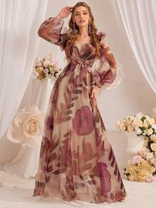 Women's Spring Summer Elegant Floral Print Patchwork Lantern Sleeve Dress - Multicolor - View 5