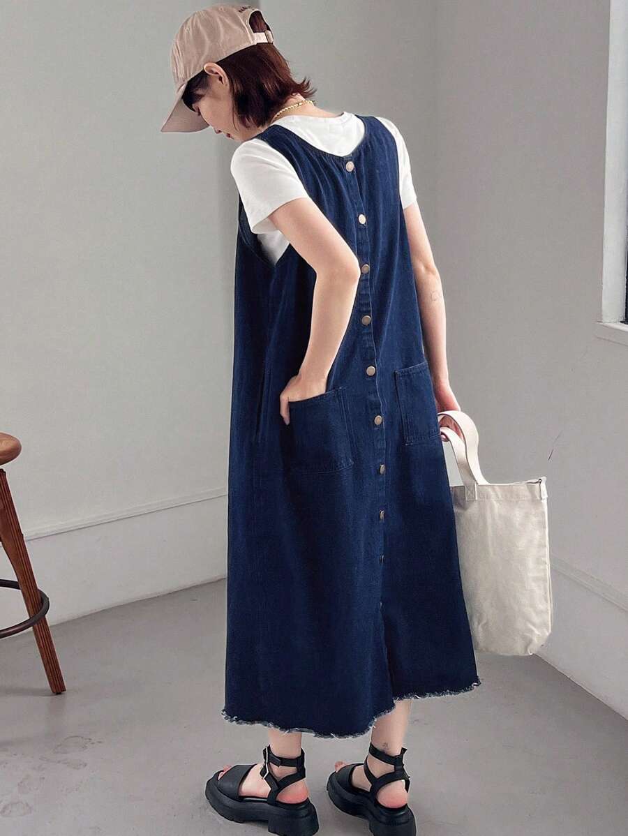 FRIFUL Double-Breasted Denim Sleeveless Dress With Front And Back Wearing Options And Multiple Pockets Sundress - Blue - View 1