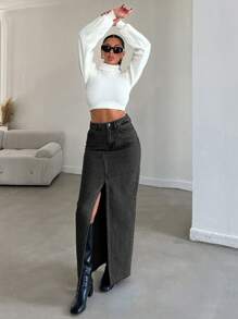 EURMUSE Váy Denim Nữ Có Khe Bên Hông - màu đen - Xem 6