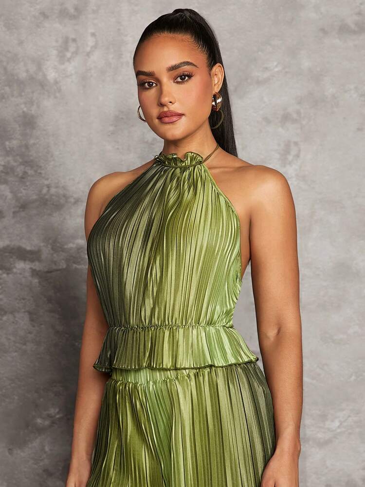 Green Gradient Pleated Pleated Halterneck Sexy Big Backless Waist-Cinching Ruffled Cold Shoulder Women's Tank Top