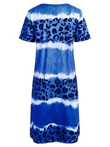 Plus Leopard Print Short Sleeve Dress - Blue - View 2