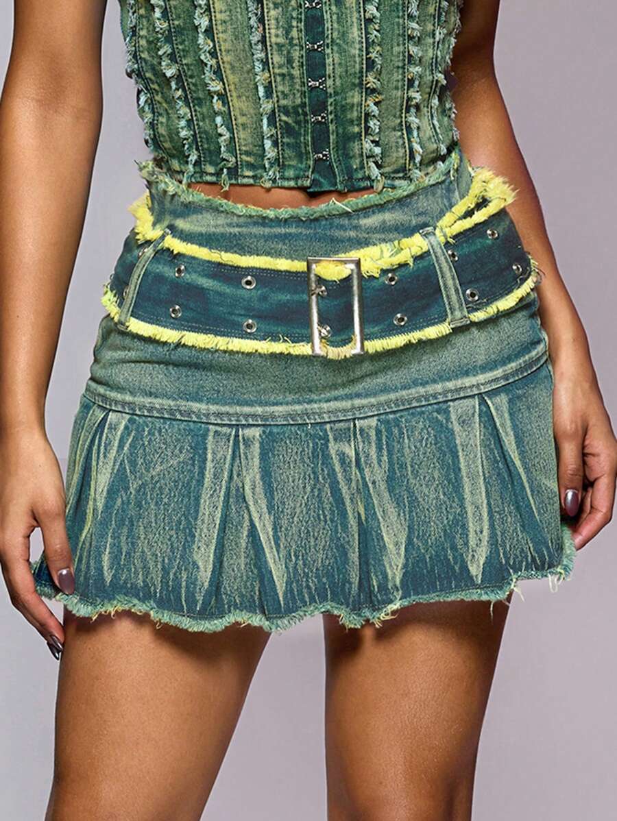 SHEIN BAE Washed Green Tint Distressed Mini Skirt&Music Festival&
Denim Set&Denim Skirt - Multicolor - View 1