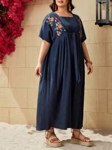 Mulvari Kích thước lớn Của phụ nữ Thêu hoa Mặt trước Buộc Đầm - Màu xanh lam - Xem 5