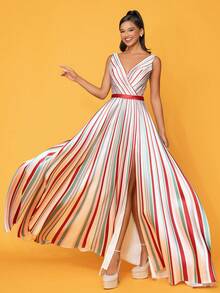 長款優雅高端色塊條紋高分裂晚禮服 - 粉色 - 查看 4