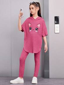 青少女鬆身復古風貓印花連帽衫和褲子套裝 - 玫紅色 - 查看 1