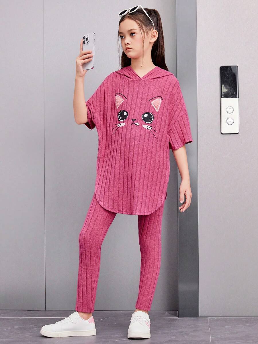 青少女鬆身復古風貓印花連帽衫和褲子套裝 - 玫紅色 - 查看 1