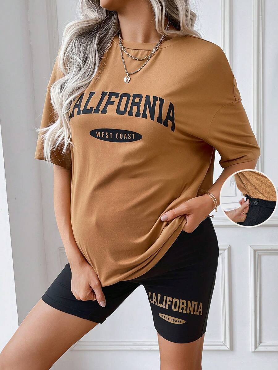 SHEIN Maternity Letter Print Casual 2pcs Outfit - Multicolor - View 1