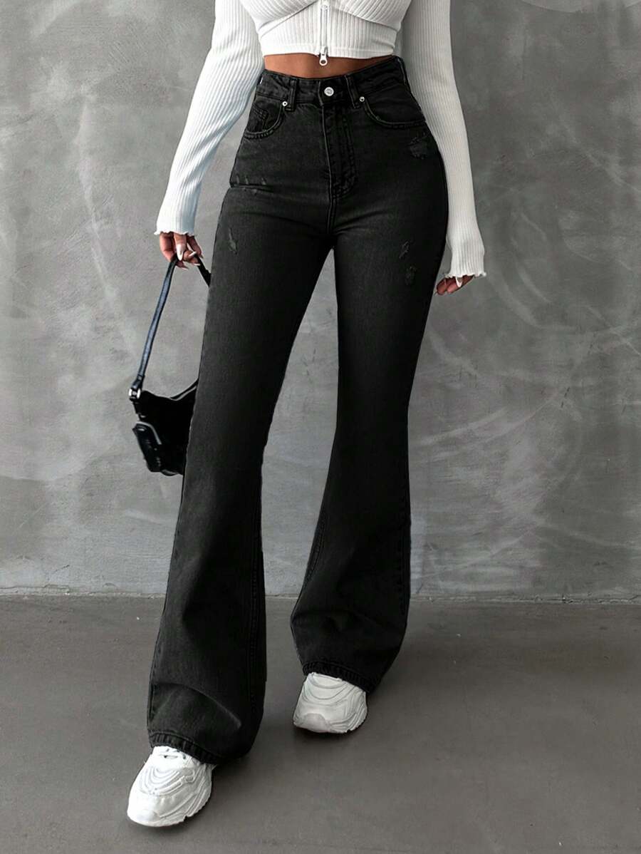 EURMUSE 98%Cotton Solid Color Slanted Pocket Casual Flared Jeans - Dark Wash - View 1