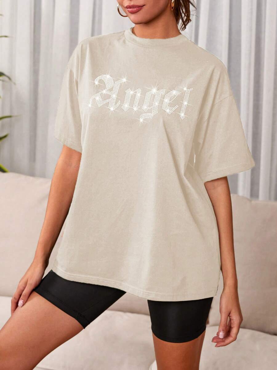 SHEIN Cottnline Rhinestone Letter Detail Short Sleeve T-shirt - Yellow - View 1