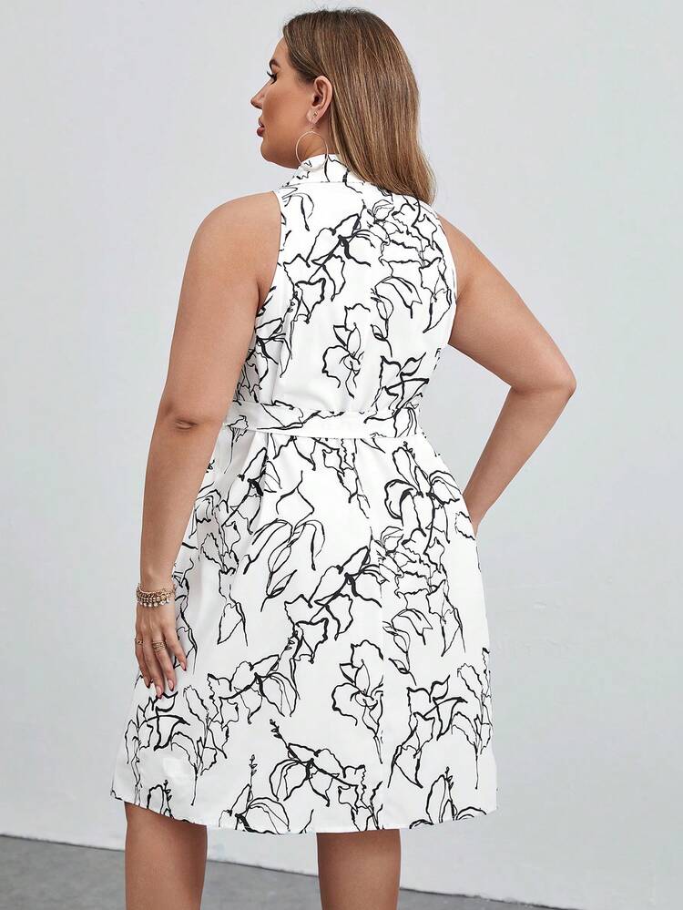 Plus Size Women's Elegant Suit Collar Dress With Floral Print, Suitable For Traveling, Vacation, Daily Wear, Business Commuting