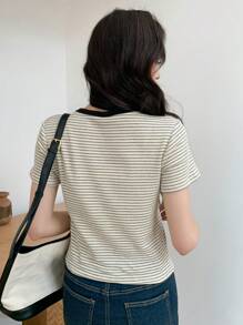 DAZY 女士圓領條紋短袖t恤 - 黑與白 - 查看 5