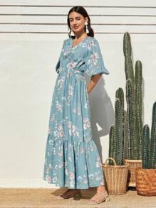 Mulvari Vestido Midi Con Estampado Floral Y Dobladillo Con Volantes Para Mujer - Celeste - Ver 3