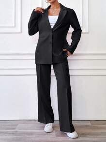 EURMUSE Solid Peak Collar Singe Breasted Placket Suit Sets - Black - View 3