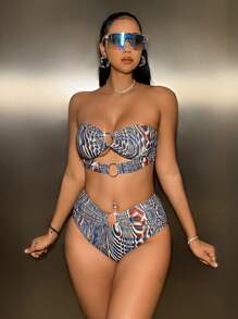 Swim EVENT Holographic Print Bikini Set With Circular Detailing And Strapless Top, Bandeau Bikini Set Bathing Suit Beach Outfit Music Festival Summer Vacation Summer Beach - Multicolor - View 3