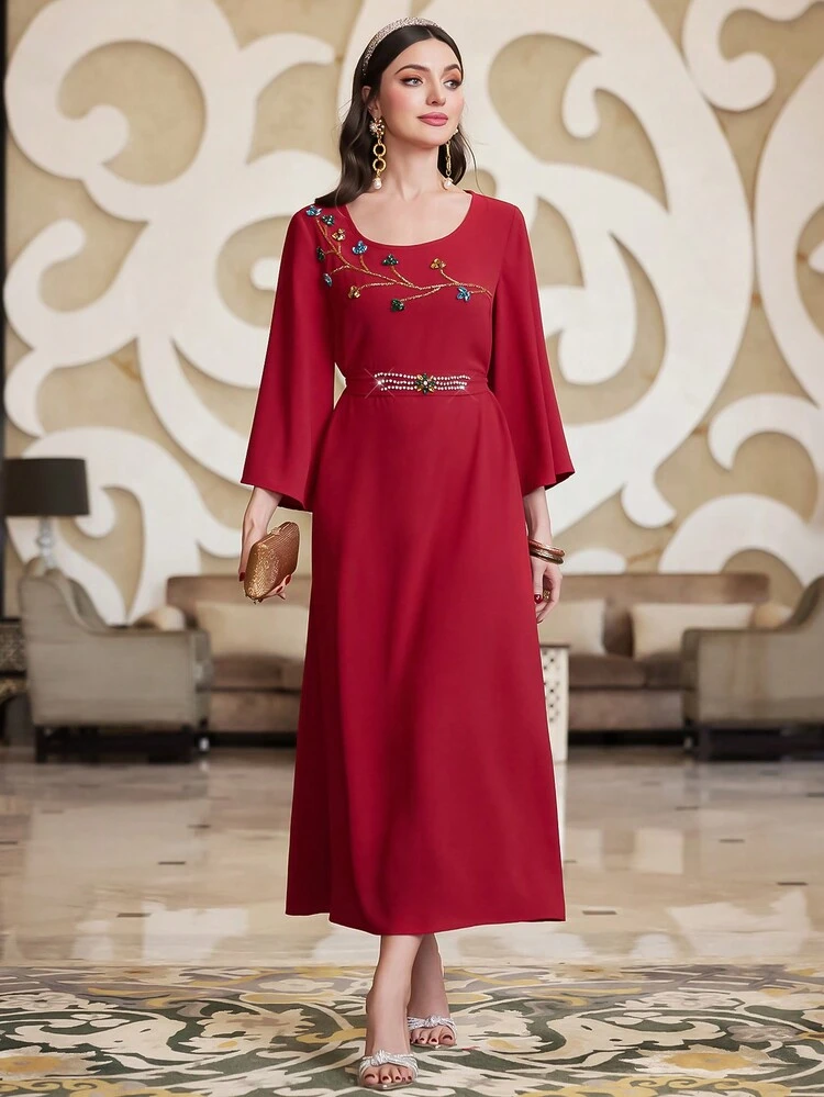 Burgundy Red Rhinestone Embellished Round Neck A-Line Dress With Waistband, Elegant Evening Party Dress Long Evening Dresses