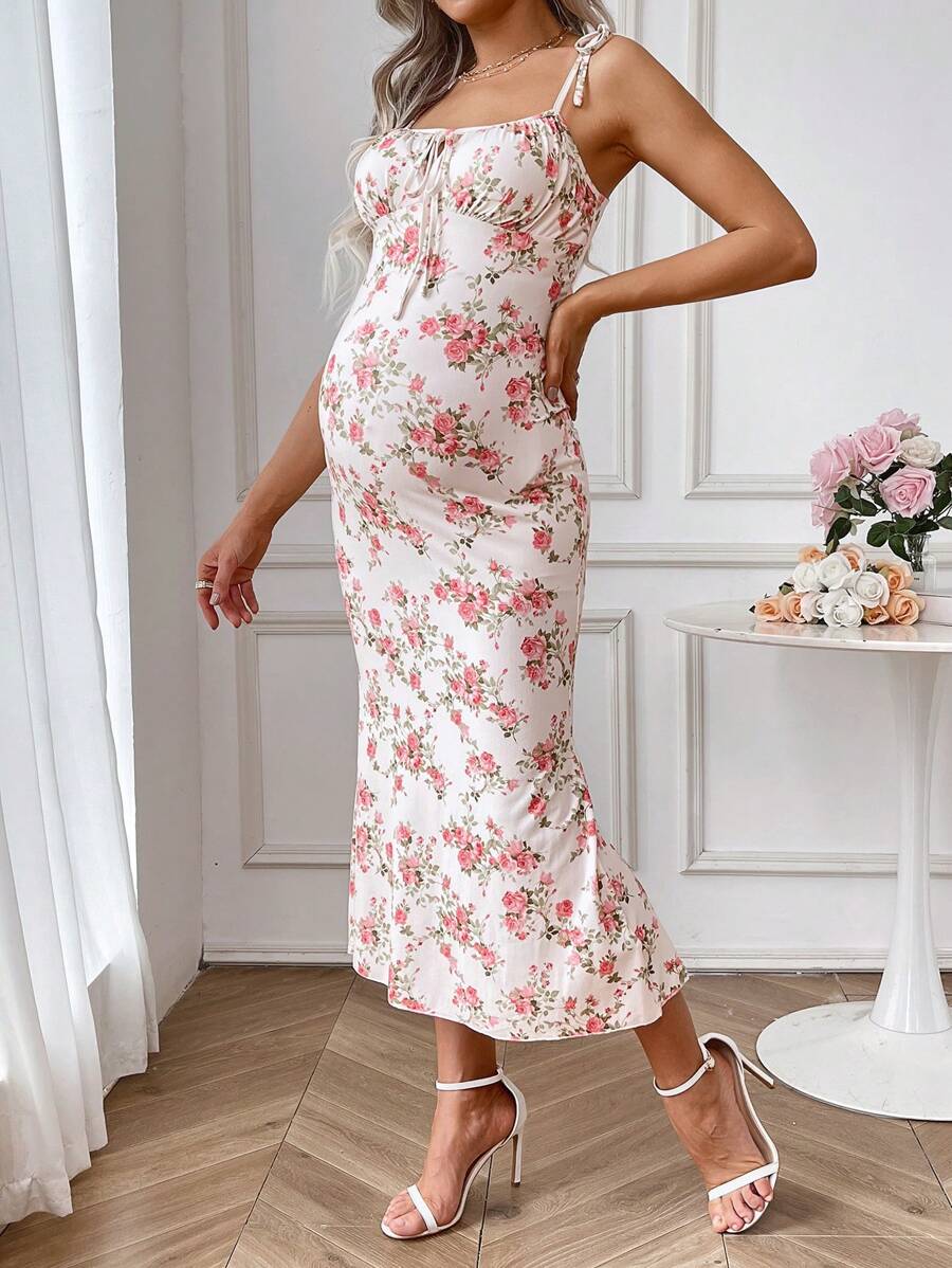 SHEIN 孕妇印花系带修身优雅吊带裙，适合度假 - 彩色 - 查看 1