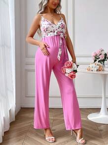 SHEIN Maternity Floral Print Belted Cami Jumpsuit - Pink - View 1