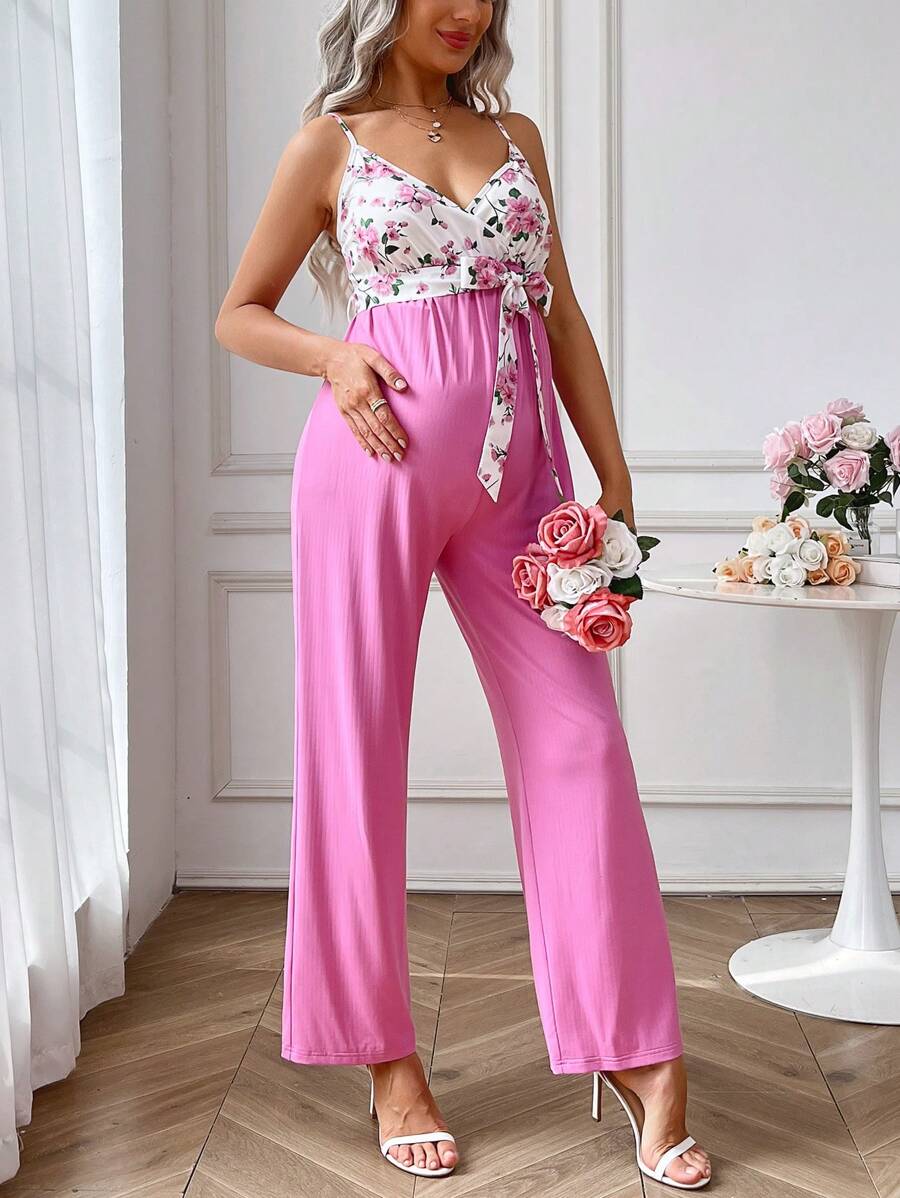 SHEIN Maternity Floral Print Belted Cami Jumpsuit - Pink - View 1
