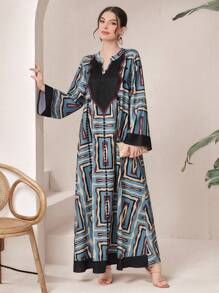 Al Najma Women's Loose Fit Printed Notched Collar Dress With Flared Sleeves, Modest Full Length Casual Jalabiya - Multicolor - View 8