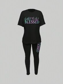 BamGleam In thư Vòng cổ Ngắn tay Áo thun Và Xà cạp - màu đen - Xem 3