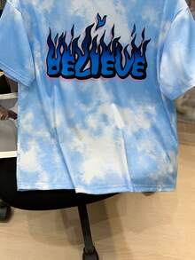 SHEIN Tween男孩休閒水洗字母印花圓領短袖鬆身針織t恤,街頭時尚 - 藍色 - 查看 4