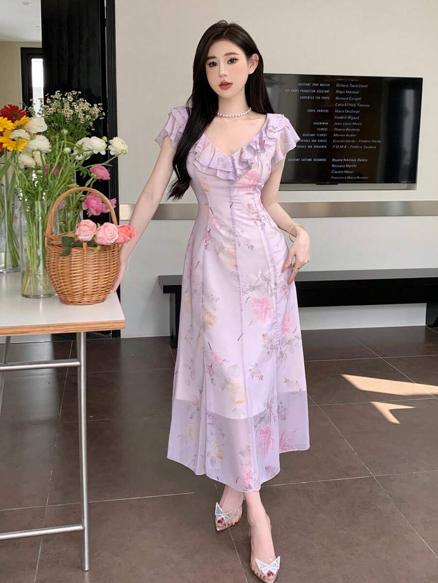 DAZY Women's Full Bloom Printed V-Neck Ruffled Chiffon Dress Sundress - Pink - View 1