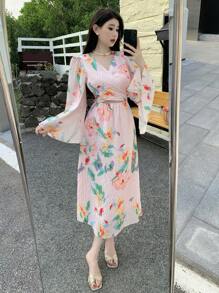 DAZY 女士印花镂空腰部喇叭袖连衣裙，秋季长袖连衣裙，度假装扮，女士复活节连衣裙，波西米亚风 - 粉色 - 查看 3