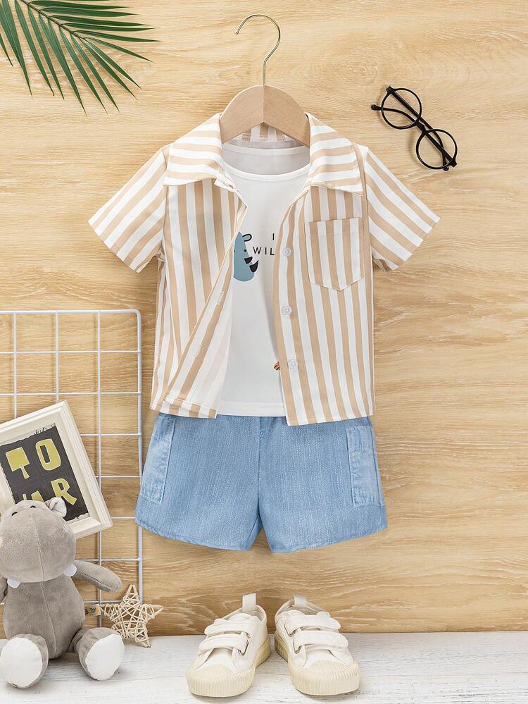 Baby Boy Casual Striped Short Sleeve Shirt & Comfortable Animal Print Short Sleeve T-Shirt & Denim Effect Shorts 3pcs/Set