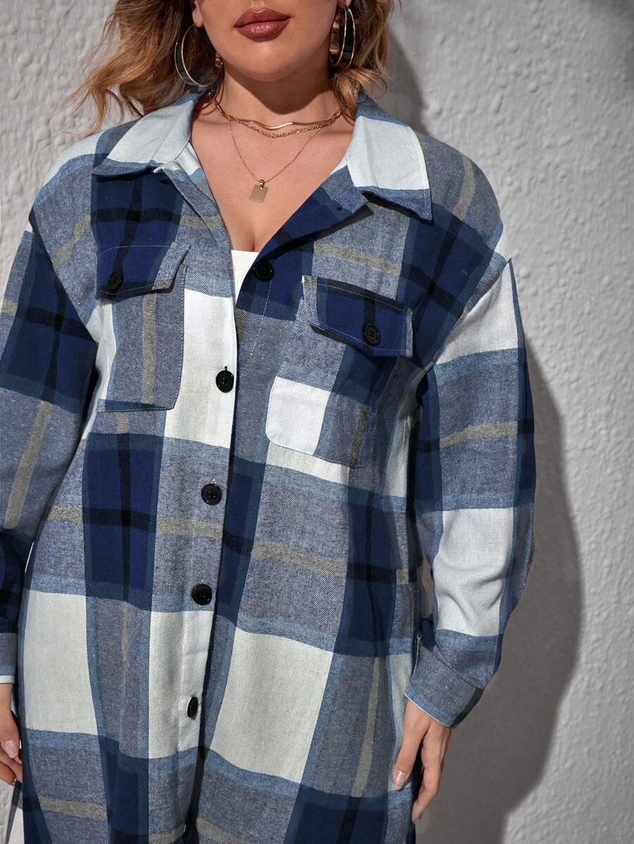 SHEIN EZwear 大码落肩长袖前开襟格子休闲宽松百搭外套 - 藍色 - 查看 1